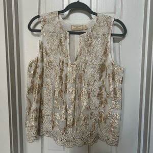 Moulinette Soeurs Ivory Sheer Sleeveless Top with Gold Embroidery